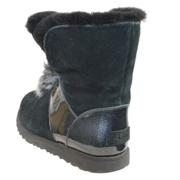 UGG Isley Shearling Lined Pom-Pom Black Shimmer Slip-On Tall Ankle Boot, Size 5 - Picture 8 of 9